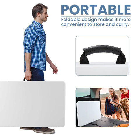 Man carrying 8 Feet Folding Picnic Table With Carry Handle, Heavy Duty Portable Plastic Table For Camping, showing its portability.