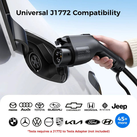 Person using Level 1 And Level 2 Portable EV Charger With 8 To 16 Amp Adjustable Current And 25 Foot Cord, J1772 connector