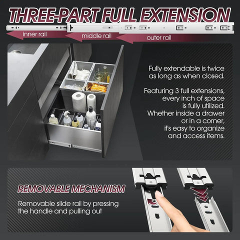 Heavy Duty Drawer Slides 22 Inch Full Extension Ball Bearing Rails, 150 Lb Load, Removable Slide Rail Mechanism