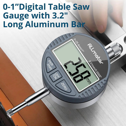 Digital Table Saw Gauge With Dial Indicator 0-1 Inch Range CNC Machined Aluminum Bar for fence alignment close-up view.