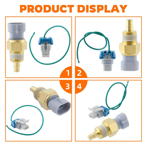GoaMotors 213-77 engine coolant temperature sensor with brass body, gray sensor tip, green wire and blue connector