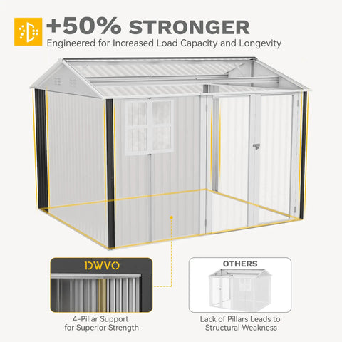 Diagram of a 10 By 10 Ft Outdoor Metal Storage Shed With Windows Waterproof Build Lockable Doors And Sloped Roof For Patio Backyard Lawn Tool