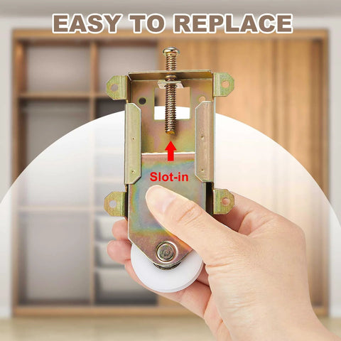 Hand holding an 8 Piece Replacement Set Of Sliding Closet Door Rollers Two And A Half Inch Mounting With One And A Half Inch Nylon Concave Ball Bearing Wheels.