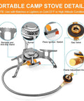Diagram of Portable 3700W Camping Stove With Piezo Ignition, featuring burner, valve, and switch, for outdoor cooking.