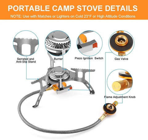 Diagram of Portable 3700W Camping Stove With Piezo Ignition, featuring burner, valve, and switch, for outdoor cooking.