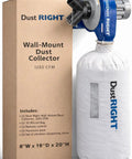 Powerful Wall Mount Dust Collector With Remote Control 1250 CFM showcasing package and dust bag, ideal for woodshop cleanup.