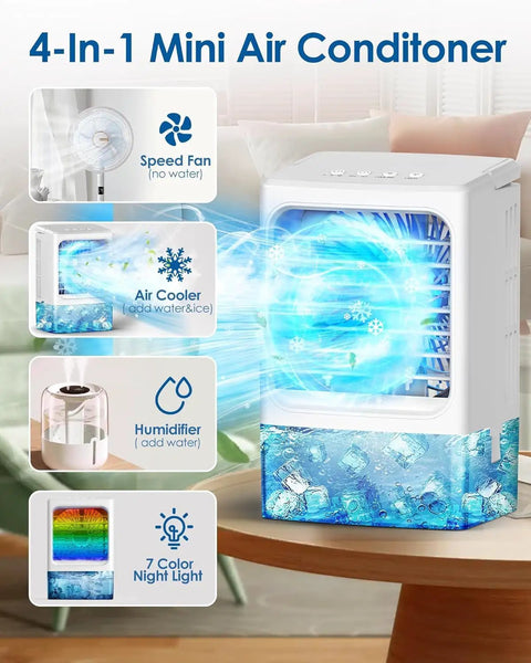 4 In 1 Portable Air Conditioner Unit With Humidifier And LED Night Light showing cooling effect and timer setting