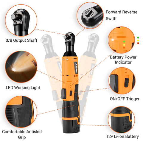 Cordless Ratchet Wrench And Drill Set With 12V Battery Power, 2 Li Ion Batteries Included, 10 Sockets, Three Eighths Inch Drive