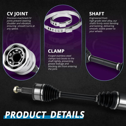 Product details showing CV joint, clamp, and shaft for Front Wheel Bearing And CV Axle Front Replacement For Dodge Magnum Charger Challenger And Chrysler 300 AWD Models Compatible With 2005 2006 2007 2008 2009 2010 2011 2012 2013 2014 2015 2016 2017 2018 2019 2020 Durable OEM Grade Auto Parts Kit.