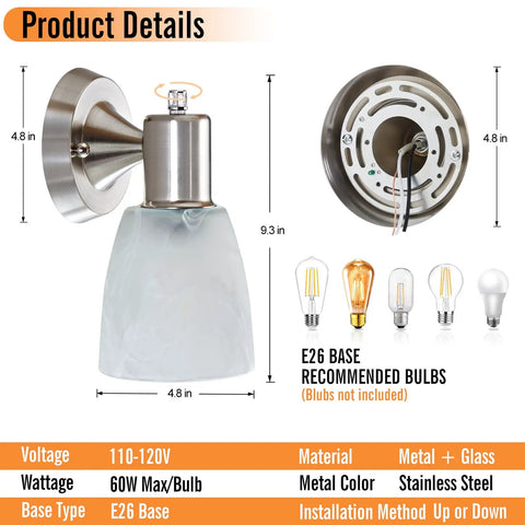 Turn Up The Vibe With This Set Of Two Modern Wall Sconces Brushed Nickel Vanity Lights featuring E26 base and frosted glass shade details.