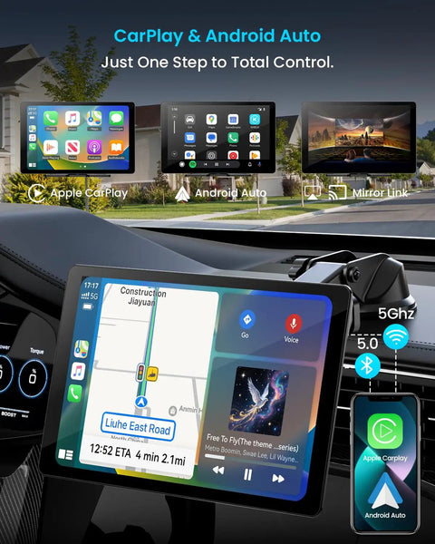 Ultra Slim 11 Inch Wireless CarPlay Screen showing navigation and features in car dashboard