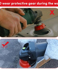 Person using angle grinder with wire brush and wearing gloves for safety demonstration; 12 Piece Angle Grinder Wire Brush Kit Pro Grade Heavy Duty Carbon Steel Includes Three 4 Inch Knotted Wheels Three 4 Inch Crimped Wheels Three 3 Inch Knotted Cup Brushes And Three 3 Inch Crimped Cup Brushes With Five Eighths Inch Arbor For Rapid Rust