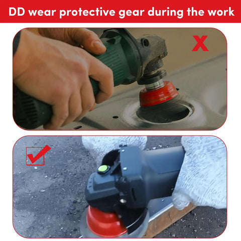 Person using angle grinder with wire brush and wearing gloves for safety demonstration; 12 Piece Angle Grinder Wire Brush Kit Pro Grade Heavy Duty Carbon Steel Includes Three 4 Inch Knotted Wheels Three 4 Inch Crimped Wheels Three 3 Inch Knotted Cup Brushes And Three 3 Inch Crimped Cup Brushes With Five Eighths Inch Arbor For Rapid Rust