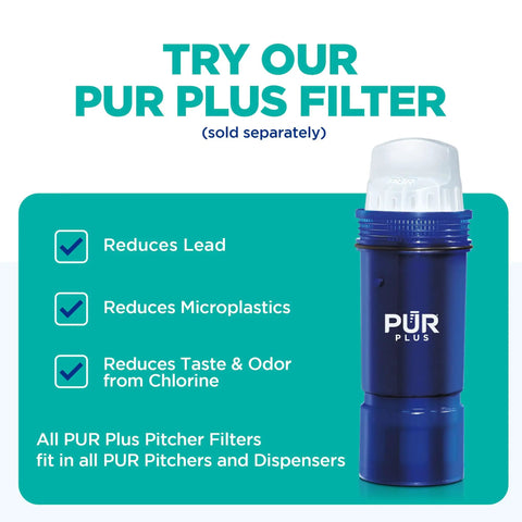 PUR Plus filter for 7-Cup Water Filter Pitcher With Faster Filtration, NSF certified, reduces microplastics and chlorine.