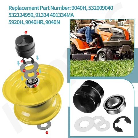 Front Wheel Bushing To Bearing Conversion Kit For Lawn Mowers, Includes 4 Sealed Hub Bearings, 2 Retainer Washers shown