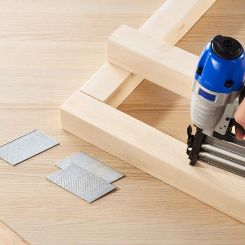 Using Sixteen Gauge Two Inch Angled Finish Nails Twenty Degree Offset Two Thousand Count Galvanized Steel in carpentry.