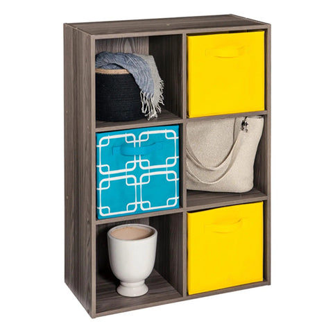 6 Cube Storage Organizer With Vertical Or Horizontal Setup Easy Assembly Modular Cube Shelves For Living Room Office Or Entryway Natural Gray Wood Finish Space Saving with decorative items in cubbies