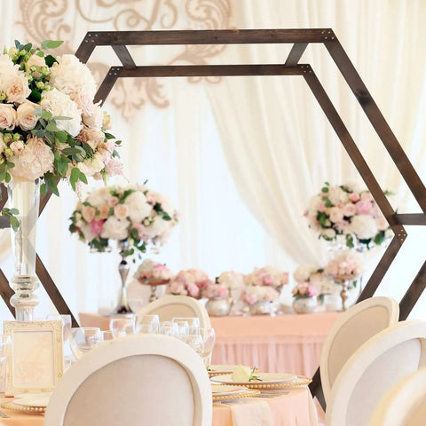 Wooden Wedding Arch 7Ft Heptagonal Garden Arbor For Ceremony And Photo Backdrop with floral decorations in elegant setting