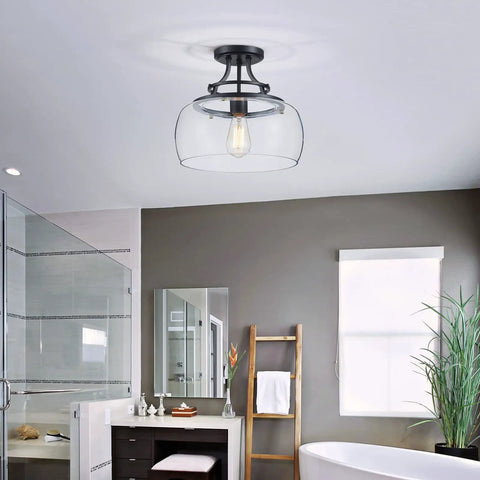 Rustic Farmhouse Industrial Round Ceiling Light Fixture With Clear Glass Shades LED Chandelier For Bathroom Kitchen Foyer And Entry Semi Flush Mount Black Finish E26 Base 11.8 Inches High By 13.4 Inches Wide Non Dimmable Edison Bulb