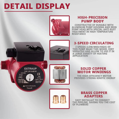 Three Quarter Inch Npt 110V Hot Water Circulation Pump 3 Speed Quiet Circulator For Home Hydronics Detail Display