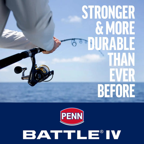 Man holding fishing rod with Battle IV Size 4000 Spinning Fishing Reel With Full Metal Body And Side Plate, CNC Gear Tech