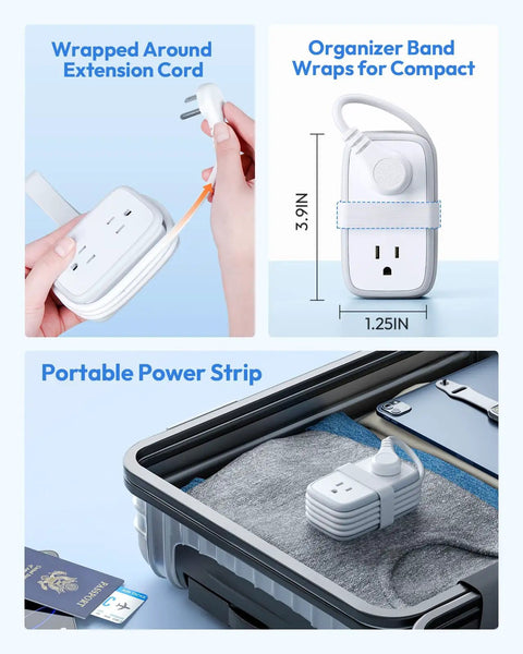 20W Travel Power Strip With 4 Outlets And 3 USB Ports Including USB C 4 Ft Wrapped Extension Cord flat in suitcase