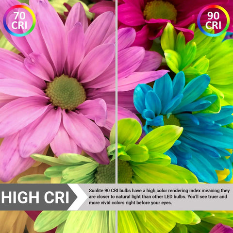Comparison of flowers under 70 CRI and 90 CRI lighting, showing vibrant colors under LED PAR38 Long Neck Spotlight Bulb 15W