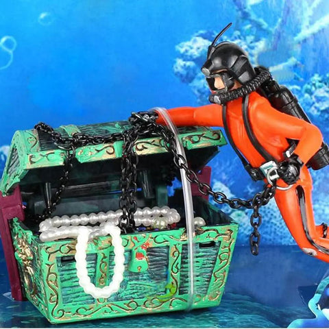 Live Action Undersea Treasure Chest Aquarium Ornament With Diver Air Bubbler For Aerating Your Fish Tank Durable Orange Resin Decoration
