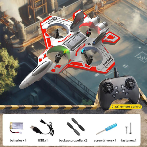 No Assembly RC Fighter Plane with 2.4GHz Remote and Accessories Displayed, Includes Batteries, Propellers, and Screws
