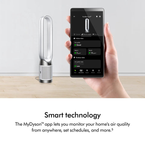 Purifier Cool PC1 Bladeless Air Purifier Tower Fan With HEPA And Activated Carbon Filter next to app interface on smartphone