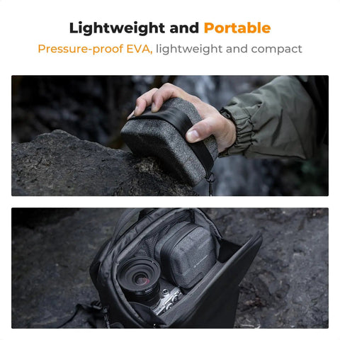 Person holding 10 Pocket Hard Shell Lens Filter Case with Hand Strap, pressure-proof EVA material for up to 95mm filters.