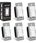 Five Pack Ultra Slim Quiet Dimmer Switches, Smooth Slide Dimming For Single Pole And 3 Way Wiring, Compatible With LED CFL Incandescent Halogen Bulbs, ETL Listed White, with packaging box.