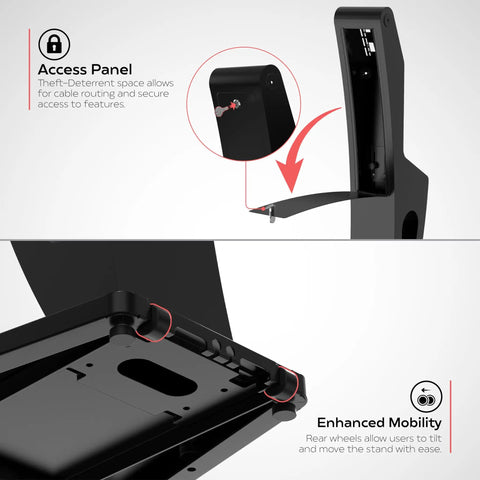 Close-up view of a Floor Stand Kiosk For Monitors And Printer Slot 15 To 32 Inches Supports Up To 60 Lbs VESA Compatible With Center Cable Routing And Lockable Access Panel Ideal For Check In And POS Stations Black showing access panel and mobility features.