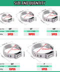 Diagram showing sizes and quantities of Rugged Pro Grade PEX Cinch Clamps Kit 5 Size 3/8 1/2 3/4 5/8 1 Inch Stainless Steel Crimp Rings