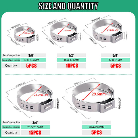Diagram showing sizes and quantities of Rugged Pro Grade PEX Cinch Clamps Kit 5 Size 3/8 1/2 3/4 5/8 1 Inch Stainless Steel Crimp Rings