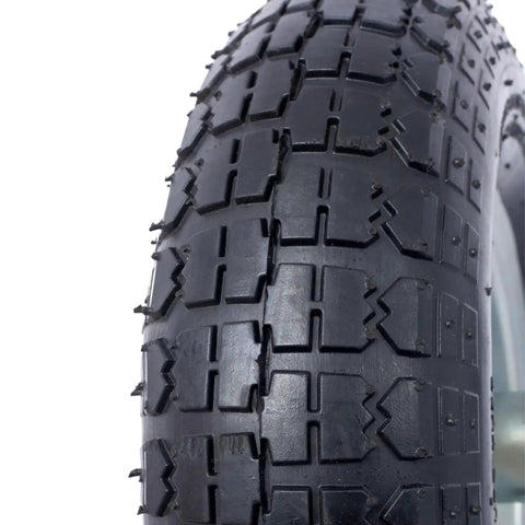 Detail of knobby ribbed rubber tire from No Sweet Glide 12 Inch Pneumatic Caster Wheels Set for heavy dollies.