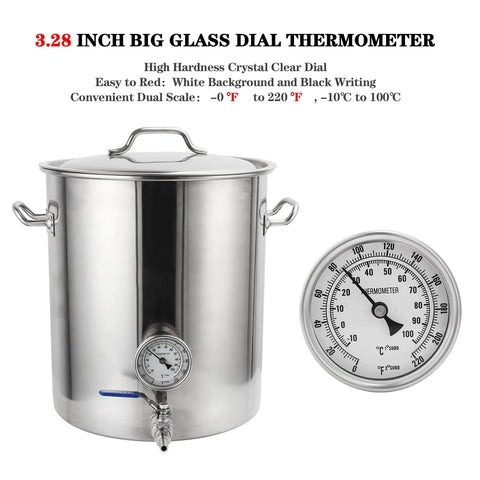 3 Inch Dial Kettle Thermometer With 2 Inch Probe Half NPT Stainless Steel Dual Scale Fahrenheit Celsius For Home Brewing No Fuss Quick Install On Your Brew Pot Food Safe Temperature Gauge on stainless brew kettle