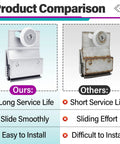 Product comparison of Four Pack M6145 Top Bracket Roller Assembly for frameless sliding glass shower doors, showing ours vs others.