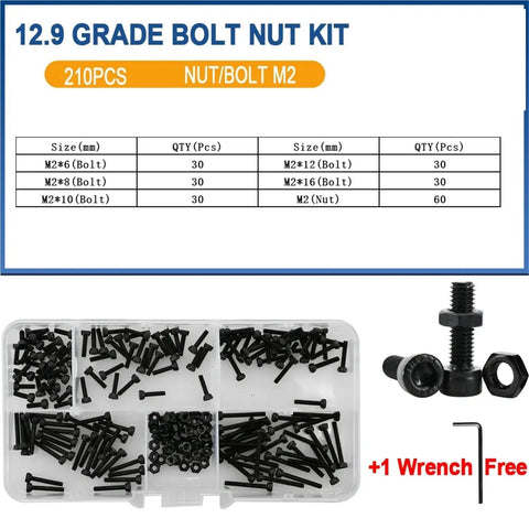 Ultimate Tiny Fastener Kit For DIY Projects M2 To M6 Metric Hex Screws Bolts Nuts In Black Carbon Steel with size chart.