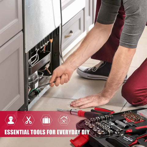 Built Tough 218 Piece Tool Kit For Homeowners And Auto Repair Featuring Heat Treated Chrome Wrenches Sockets Pliers Screwdrivers And Compact Case Black Red