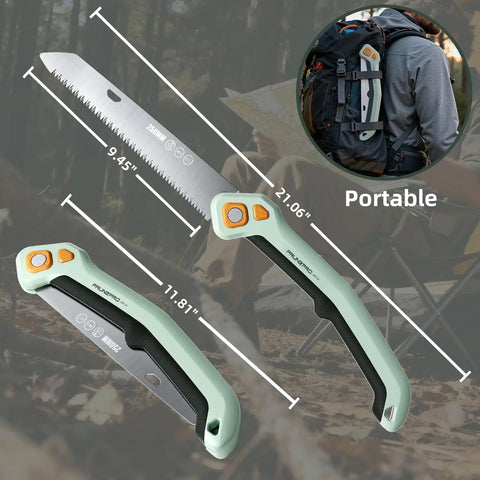 Foldable Pruning Saw 9.5 Inch SK5 Blade With Adjustable Cutting Angles For Tree Trimming Gardening Camping And Yard Work Ergonomic Non Slip Grip And Sharp Triple Cut Blade shown folded and expanded.