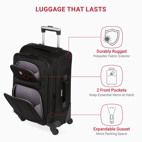 Softside Expandable Spinner Luggage For Travel Durable Lightweight Carry On Suitcase 21 Inch Black showing features