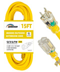 Weatherproof Indoor Outdoor Extension Cord With Lighted End Yellow 12 Gauge 15Ft 3 Prong Heavy Duty SJTW Power Cable