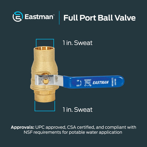 Eastman brass full-port ball valve, 1 in sweat x 1 in sweat, blue handle, front view