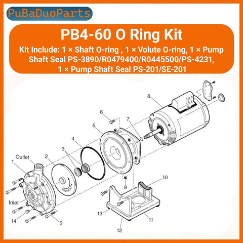 Illustration of PB4 60 Booster Pump Seal Kit For Polaris Three Quarter HP Pool Pump 2012 To Current with parts labeled