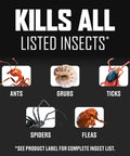 Product image with text 'Kills All Listed Insects' showing ants, grubs, ticks, spiders, fleas for a Long Lasting Lawn Insect Killer Granules