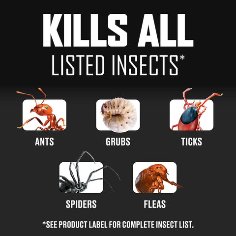 Product image with text 'Kills All Listed Insects' showing ants, grubs, ticks, spiders, fleas for a Long Lasting Lawn Insect Killer Granules
