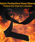 Premium Nylon Protective Hose Sleeve For Welding And Hydraulic Hoses 1 Inch Inner Diameter 25 Feet Long Tough As Nails Abrasion Resistant Cable Cover Shield Flame Retardant And Dustproof Black shown against flames.