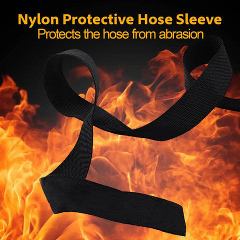 Premium Nylon Protective Hose Sleeve For Welding And Hydraulic Hoses 1 Inch Inner Diameter 25 Feet Long Tough As Nails Abrasion Resistant Cable Cover Shield Flame Retardant And Dustproof Black shown against flames.