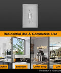 Toggle Switch Metal Wall Plate 1 Gang Stainless Steel Light Switch Cover Brushed Finish Industrial Grade Corrosion Resistant Standard Size 10 Pack Silver shown in various settings including kitchen, bathroom, coffee shop, and gym.